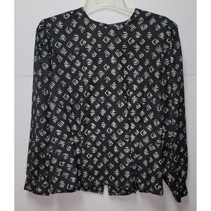SK & Company Black White Geometric Print Long Sleeve Blouse Boho 14 Office retro